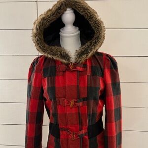 ROXY Red and Black Checkered Jacket with Faux Fur Hood